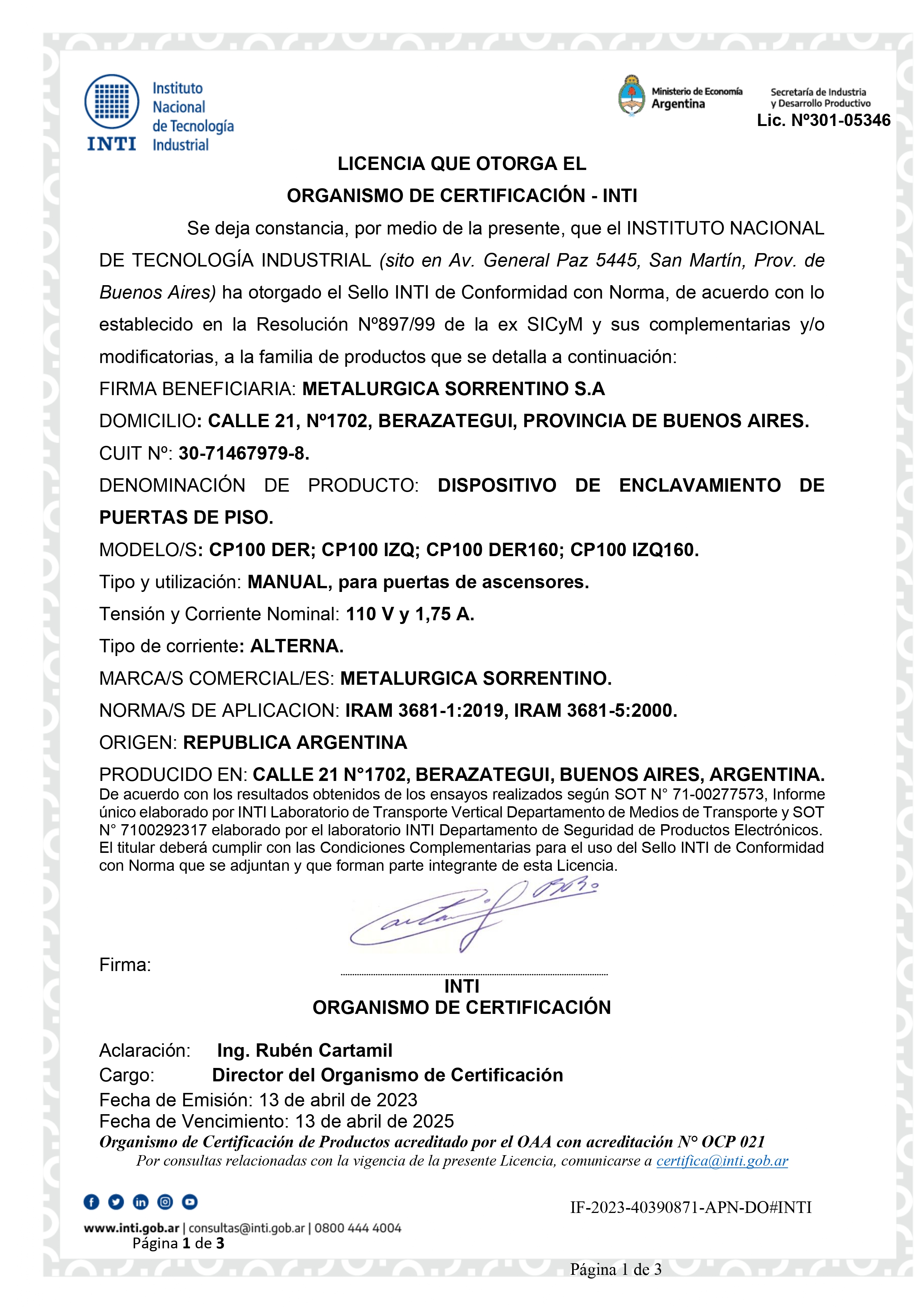 CERTIFICADO DE CONFORMIDAD INTI